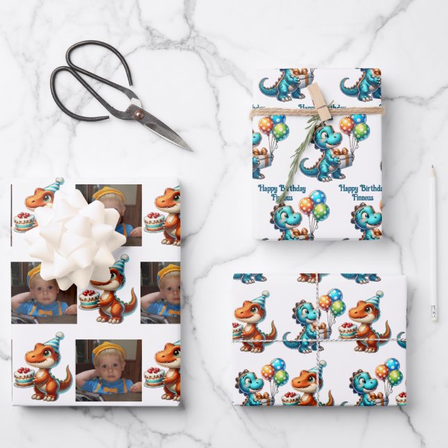 Dinosaur T-rex themed Personalized Birthday Wrapping Paper Sheets (Front)