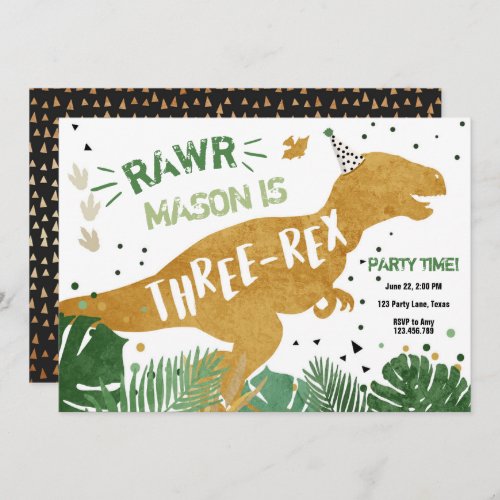 Dinosaur T_Rex Three_Rex RAWR Gold Boy Birthday Invitation