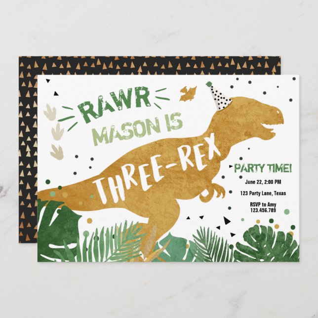 Dinosaur T-Rex Three-Rex RAWR Gold Boy Birthday Invitation (Front/Back)