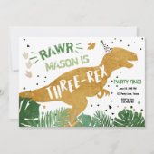 Dinosaur T-Rex Three-Rex RAWR Gold Boy Birthday Invitation (Front)