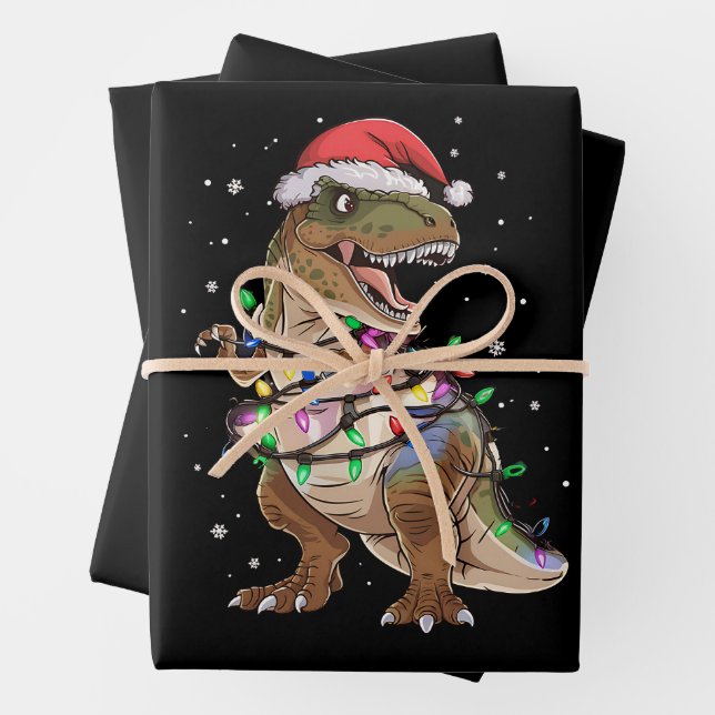 Dinosaur T-rex Tree Christmas Sweater Xmas Dino Wrapping Paper Sheets (In situ)