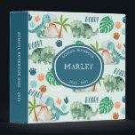 Dinosaur T Rex Triceratops Pattern Kids School 3 Ring Binder<br><div class="desc">Dinosaur theme kids back to school 3 ring binder features a pattern of cute Tyrannosaurus (T rex), Triceratops, tropical monstera leaves, palm trees, volcano, bones, and "Roar!" text on a blue background. Personalize the front cover and spine with a name, class subject, year or other text of your choice. Original...</div>