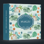 Dinosaur T Rex Triceratops Pattern Kids School 3 Ring Binder<br><div class="desc">Dinosaur theme kids back to school 3 ring binder features a pattern of cute Tyrannosaurus (T rex), Triceratops, tropical monstera leaves, palm trees, volcano, bones, and "Roar!" text on a blue background. Personalize the front cover and spine with a name, class subject, year or other text of your choice. Original...</div>