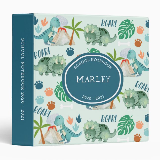 Dinosaur T Rex Triceratops Pattern Kids School 3 Ring Binder (Front/Spine)