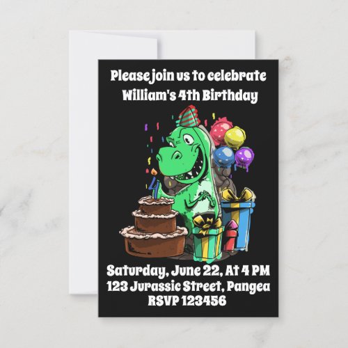 Dinosaur T Rex Tyrannosaurus 4th Bday Birthday Invitation