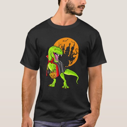 Dinosaur T Rex Vampire Halloween Candy Pumpkin T_Shirt