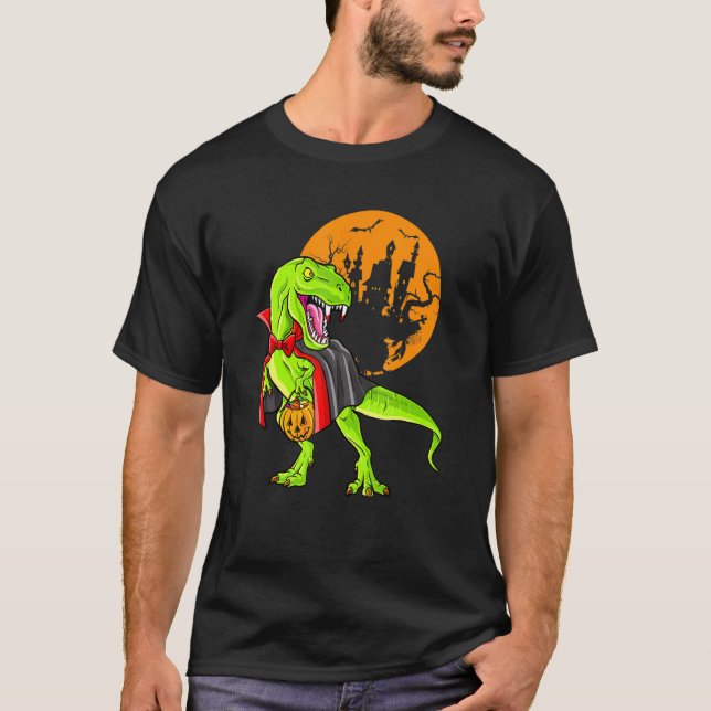 Dinosaur T Rex Vampire Halloween Candy Pumpkin T-Shirt (Front)