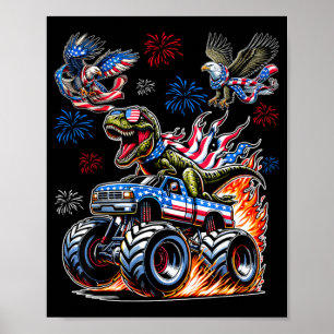 Dinosaur T-Rex with Monster Truck Eagle USA Flag Poster