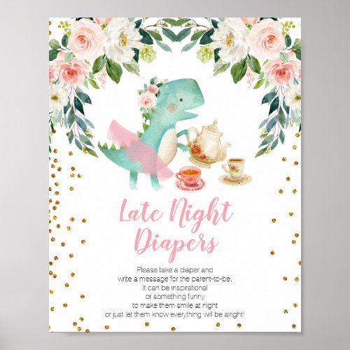 Dinosaur Tea Party Baby Shower Late Night Diapers Poster