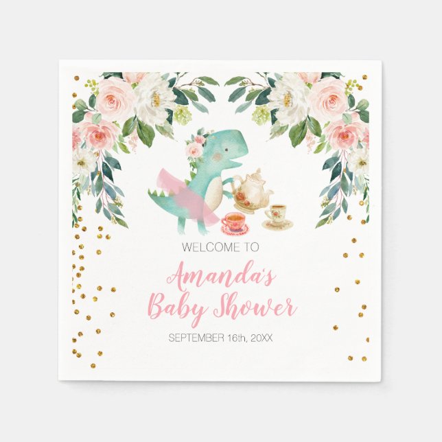 Dinosaur Tea Party Birthday Baby Shower Floral Napkins (Front)