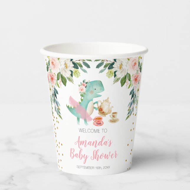 Dinosaur Tea Party Birthday Baby Shower Floral Paper Cups (Front)