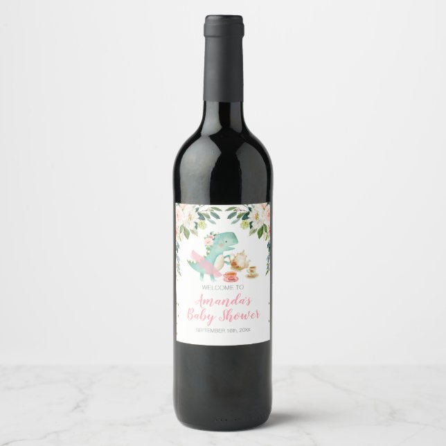 Dinosaur Tea Party Birthday Baby Shower Floral Wine Label (Front)