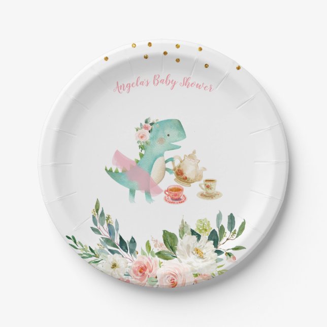 Dinosaur Tea Party Birthday Baby Shower Paper Plates (Front)