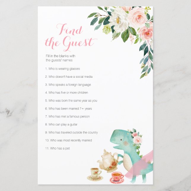 Dinosaur Tea Party Floral Find the Guest game (Front)