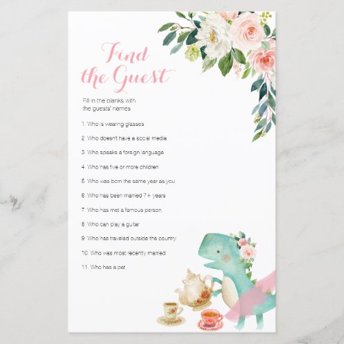 Dinosaur Tea Party Floral Find the Guest game