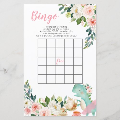 Dinosaur Tea Party Peach Floral Baby Shower Bingo