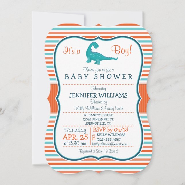 Dinosaur; Teal & Orange Stripes Baby Shower Invitation (Front)