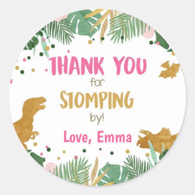 Dinosaur Thank You Stomping By Girl Birthday Classic Round Sticker (Front)