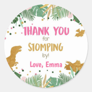 Dinosaur Thank You Stomping By Girl Birthday Classic Round Sticker