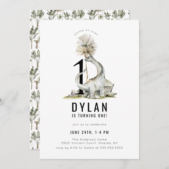 Dinosaur Theme 1st Birthday Party Invitation (Front/Back)