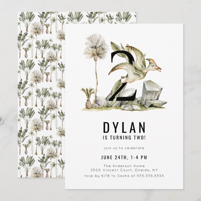 Dinosaur Theme 2nd Birthday Party Invitation (Front/Back)
