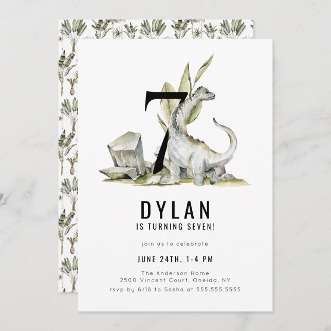 Dinosaur Theme 7th Birthday Party Invitation (Front/Back)
