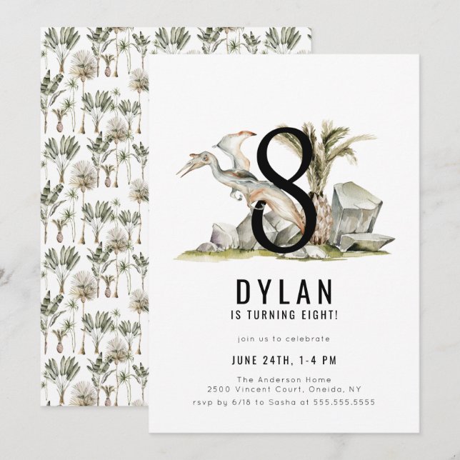 Dinosaur Theme 8th Birthday Party Invitation (Front/Back)