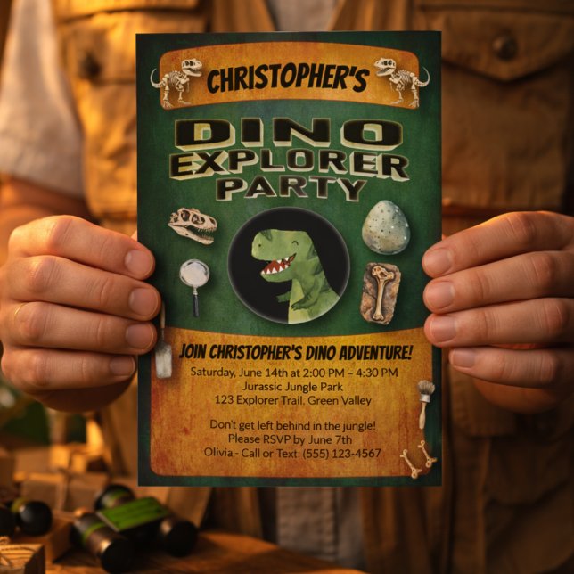 Dinosaur Theme Birthday Party Invitation (Dino Explorer Dinosaur Themed Part Invitation. Invite guests to discovery, stomp and roar. )