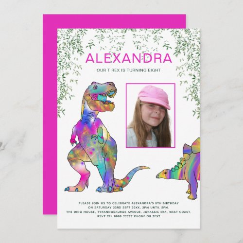Dinosaur Theme birthday party photo Pink Invitation