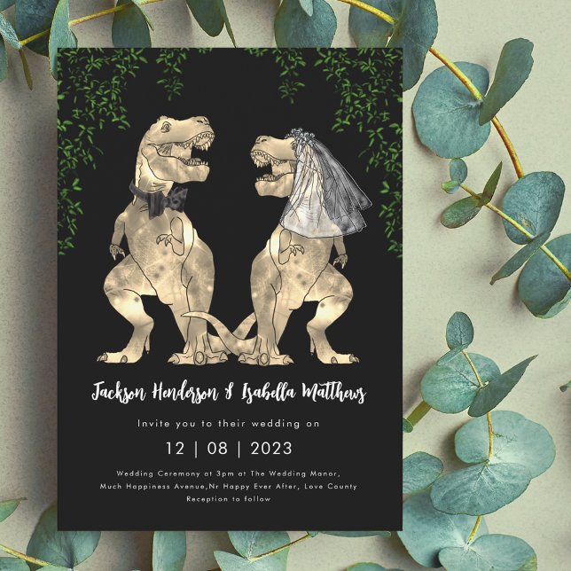 Dinosaur Theme Black and White Wedding Invitation (Dinosaur T-Rex bride and groom Jurassic eucalyptus foliage black and white wedding invitation )