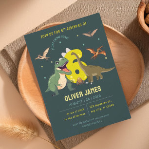Dinosaur theme boy 6th birthday invitation