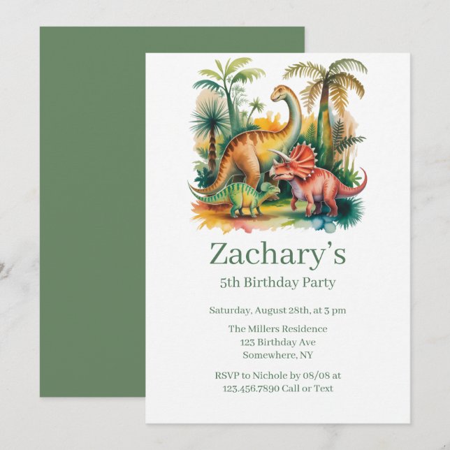 Dinosaur Theme Boy Birthday Party Invitation (Front/Back)
