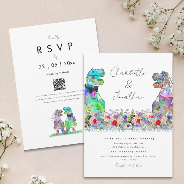 Dinosaur Theme Colorful Floral Wedding Invitation (Colorful wildflower boho dinosaur wedding invitation with qr code)