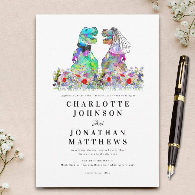 Dinosaur Theme Colorful Wildflower Wedding Invitation (Colorful wildflower dinosaur theme wedding invitation with fun dino bride and groom)
