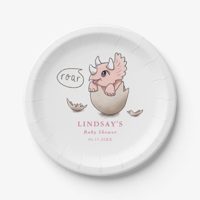 Dinosaur Theme Cute Pink Triceratops Baby Shower Paper Plates (Front)