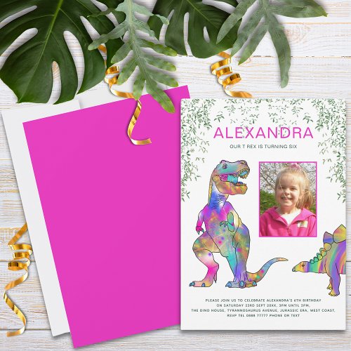 Dinosaur Theme Girls Birthday Party Photo Pink Invitation