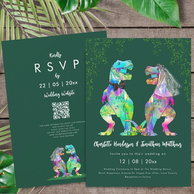 Dinosaur theme Green Wedding QR Code  Invitation (Colorful T-Rex bride and groom dinosaur wedding dark green rsvp qr code invitation Eucalyptus )