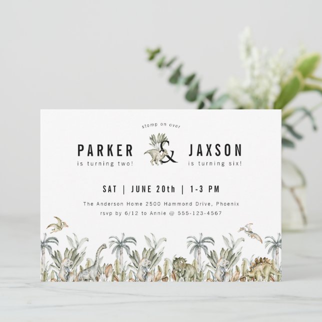 Dinosaur Theme Joint Birthday Party Invitation (Standing Front)