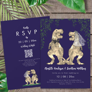 Dinosaur theme Navy Blue Wedding QR Code Invitation