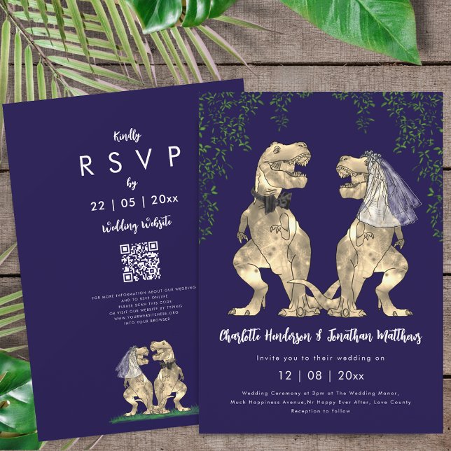 Dinosaur theme Navy Blue Wedding QR Code  Invitation (T-Rex bride and groom dinosaur wedding rsvp qr code navy blue Invitation)