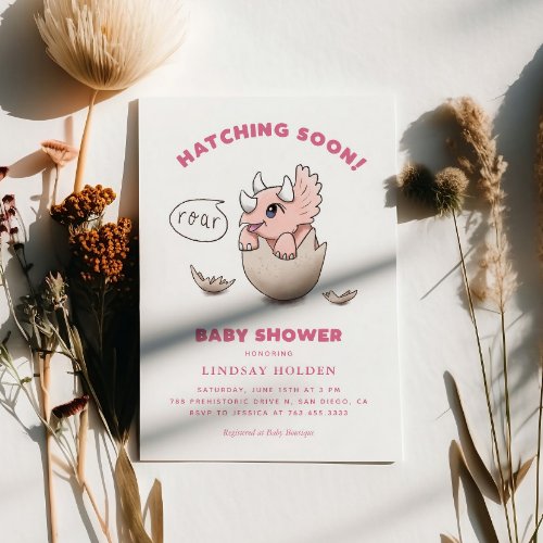 Dinosaur Theme Pink Baby Shower Hatching Soon Invitation