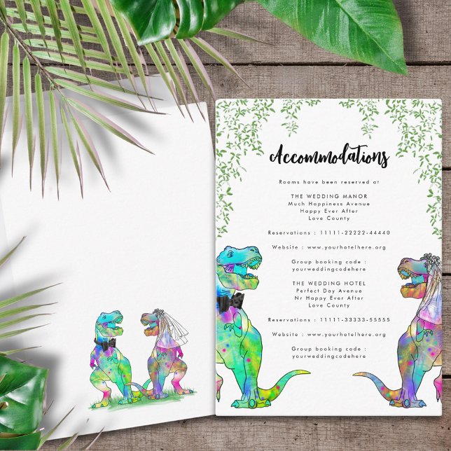 Dinosaur Theme Wedding Accommodations Enclosure Card (T-Rex bride and groom colorful dinosaur wedding invitation accommodations enclosure card)
