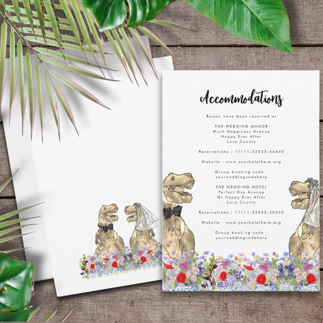 Dinosaur Theme Wedding accommodations Enclosure Card (Fun Dinosaur wedding T-Rex bride and groom colorful wildflowers accommodations enclosure card)