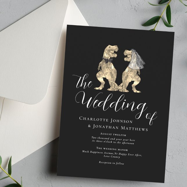 Dinosaur Theme Wedding Black and White Invitation (Black and white dinosaur theme wedding invitation elegant modern script T-Rex dinos bride & groom)