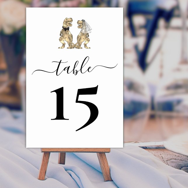 Dinosaur theme Wedding Black and White Table Number (Dinosaur wedding black and white custom table number card T-Rex bride & groom elegant modern script)