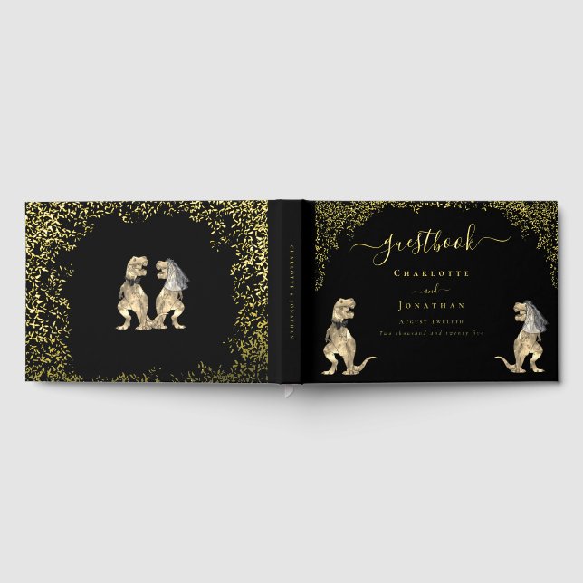 Dinosaur Theme Wedding Black & Gold Foil Guest Book (Full)