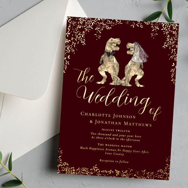 Dinosaur Theme Wedding Burgundy and Gold Foil Invitation (Dinosaur theme wedding burgundy and gold foil foliage invitation T-Rex bride and groom dino )