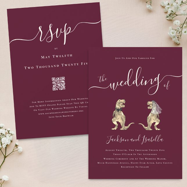Dinosaur Theme Wedding Burgundy Cream QR Code Invitation (Dinosaur theme wedding qr code burgundy cream invitation elegant script T-Rex dino bride and groom )