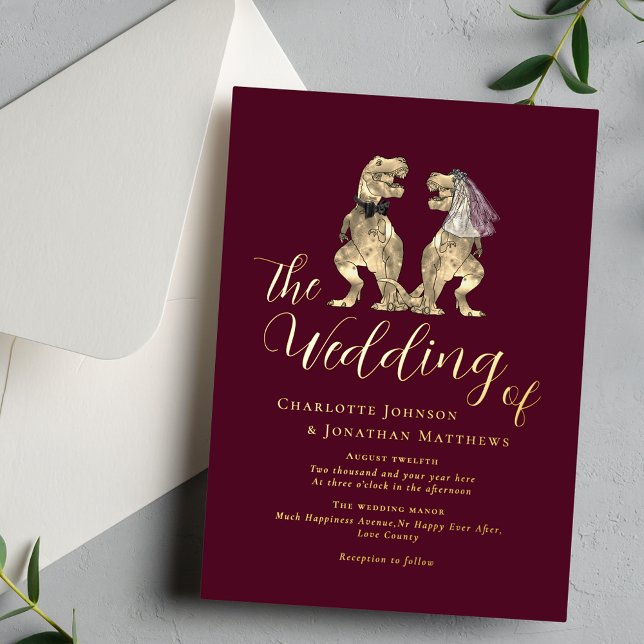 Dinosaur Theme Wedding Burgundy Gold Foil Invitation (Dinosaur theme wedding burgundy gold foil invitation Elegant modern calligraphy script T-Rex dino)