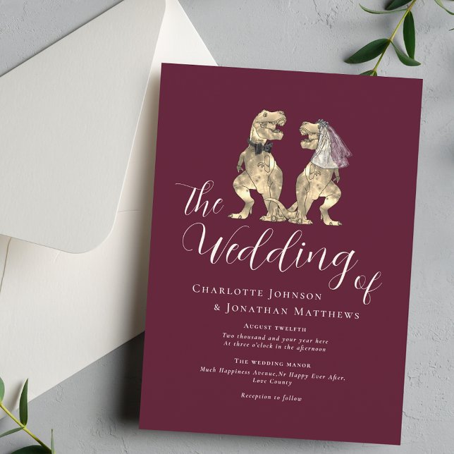 Dinosaur Theme Wedding Burgundy Ivory Cream Invitation (Dinosaur theme wedding burgundy ivory cream elegant modern script T-Rex bride and groom)